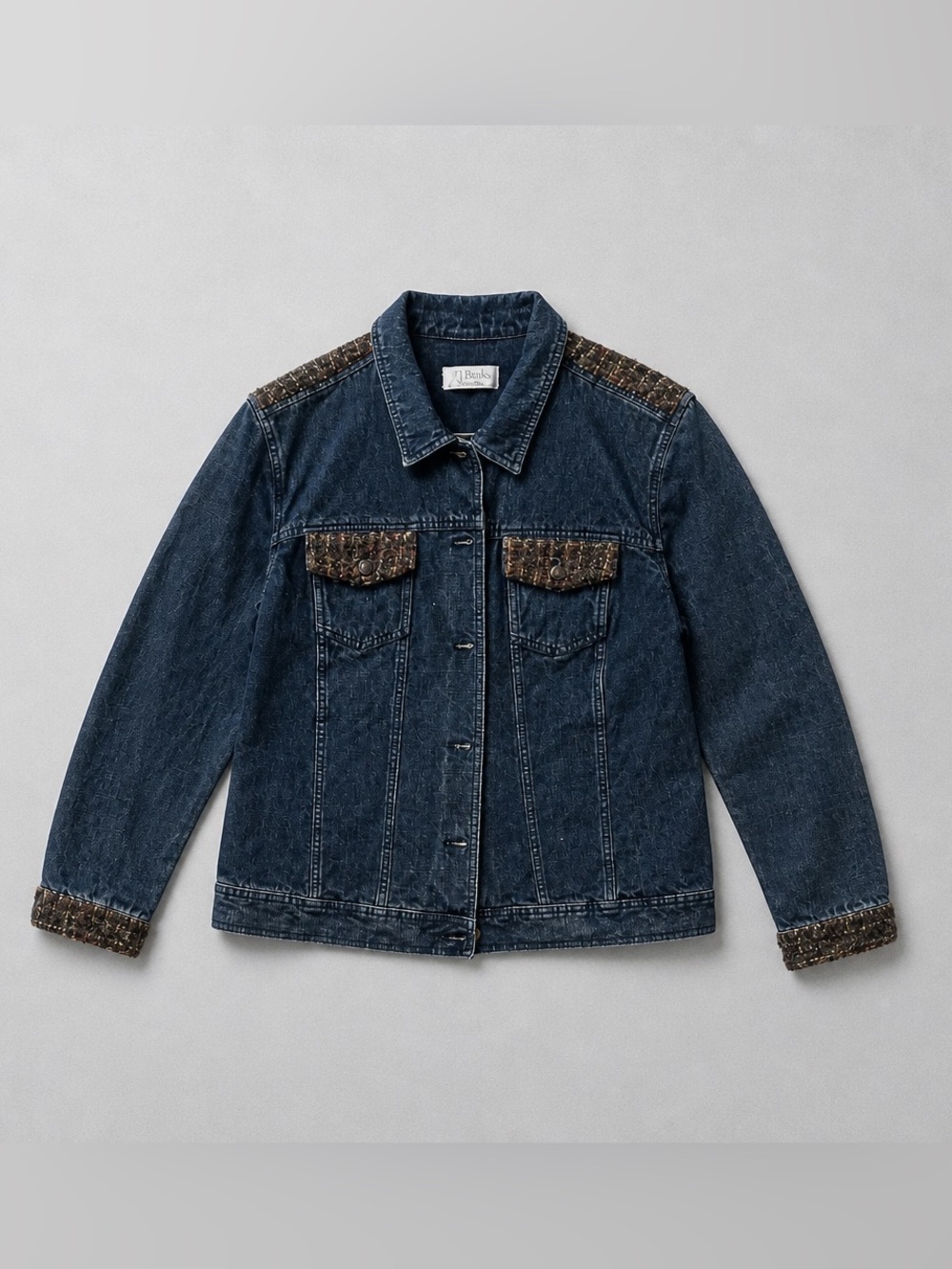 CJ Banks Dark Blue Denim Jacket with Tweed Yoke
